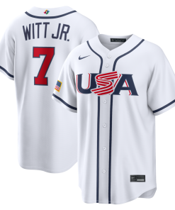 Alternative view of Bobby Witt Jr. USA Baseball Nike 2026 World Baseball Classic Home Stadium Jersey - White/Navy