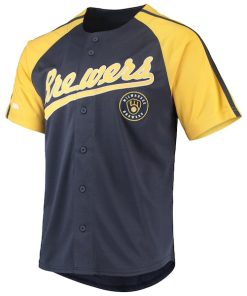 Alternative view of Milwaukee Brewers Stitches Button-Down Raglan Replica Jersey - Navy