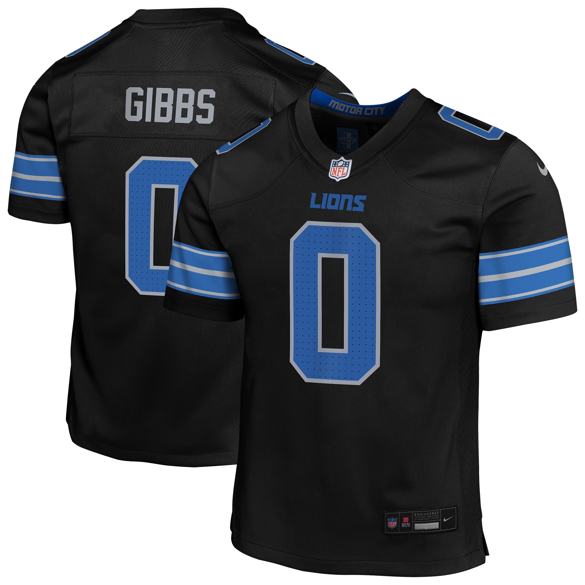 Jahmyr Gibbs Detroit Lions Nike Youth Game Jersey - White/Black/Blue - Image 6