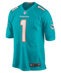 Alternative view of Number 1 Groom Miami Dolphins Nike Game Jersey - Aqua
