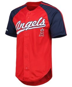 Alternative view of Los Angeles Angels Stitches Button-Down Raglan Replica Jersey - Red