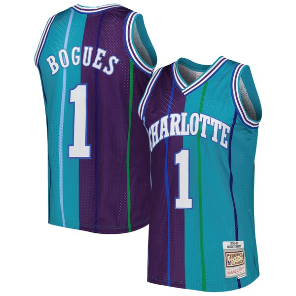 Muggsy Bogues Charlotte Hornets Hardwood Classics 1992/93 Split Swingman Jersey - Teal/Purple - Image 2