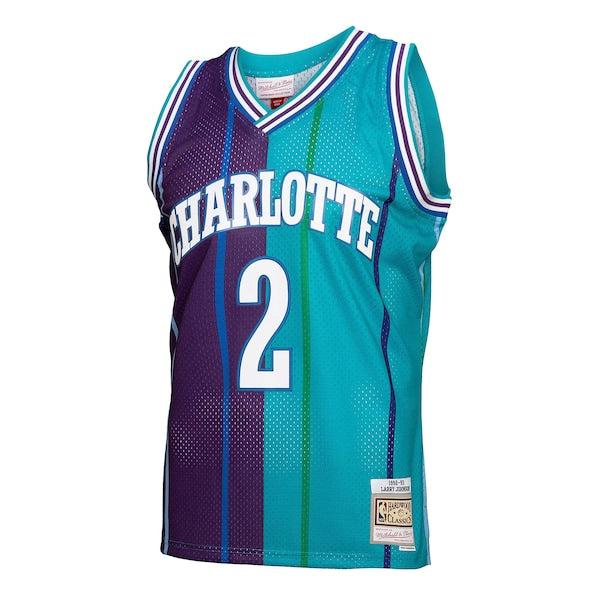 Larry Johnson Charlotte Hornets Hardwood Classics Split Swingman Jersey - Teal/Purple - Image 2