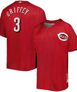 Ken Griffey Jr. Cincinnati Reds Cooperstown Collection Mesh Batting Practice Button-Up Jersey - Red