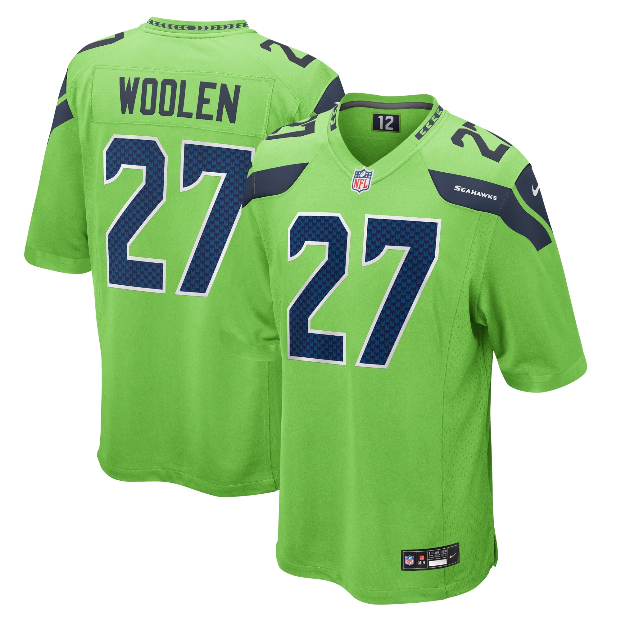 Tariq Woolen Seattle Seahawks Nike Game Player Jersey - College Navy/Neon Green - Image 6