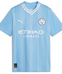 Alternative view of Erling Haaland Manchester City Puma Youth 2023/24 Home Replica Player Jersey - Sky Blue