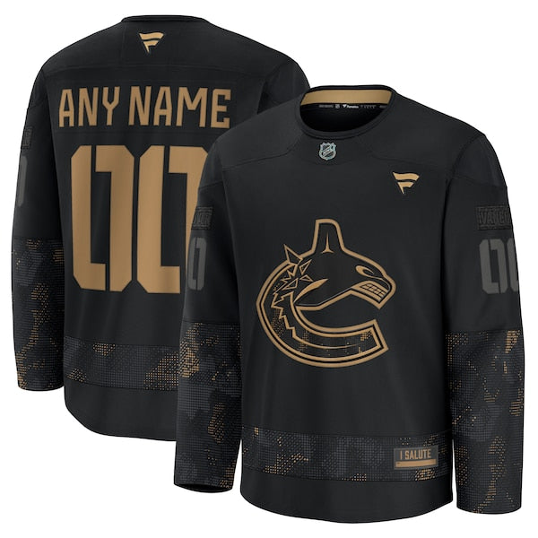 Vancouver Canucks 2024 Military Appreciation Personalized Long Sleeve Practice Jersey - Black