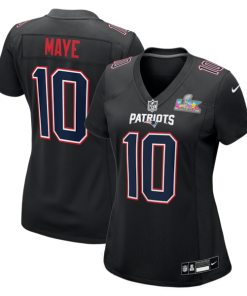 Women's New England Patriots Drake Maye Nike Super Bowl LX Patch Carbon Fashion Game Jersey - Black/Silver/White