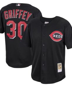 Ken Griffey Jr. Cincinnati Reds Cooperstown Collection Mesh Batting Practice Button-Up Jersey - Black