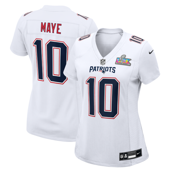 Women's New England Patriots Drake Maye Nike Super Bowl LX Patch Tundra Fashion Game Jersey - White/Black/Silver - Image 2