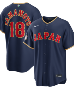 Alternative view of Yoshinobu Yamamoto Japan Baseball Nike 2026 World Baseball Classic Road Stadium Jersey - Navy/White