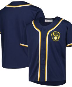 Youth Navy Milwaukee Brewers Full-Button Replica Jersey