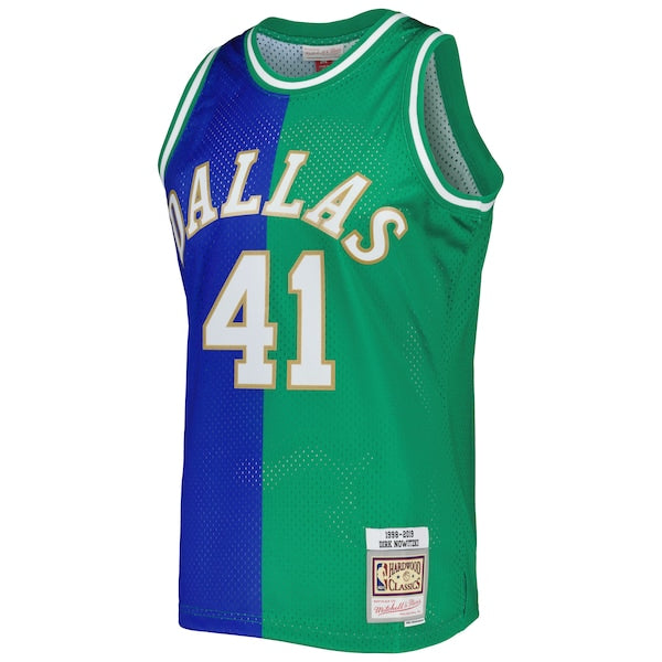 Dirk Nowitzki Dirk Nowitzki Hardwood Classics 1998/2019 Split Swingman Jersey - Blue/Green - Image 2