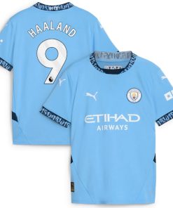 Alternative view of Erling Haaland Manchester City Puma Youth 2024/25 Home Replica Player Jersey - Light Blue