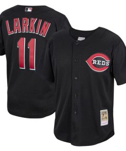 Barry Larkin Cincinnati Reds Cooperstown Collection Mesh Batting Practice Button-Up Jersey - Black