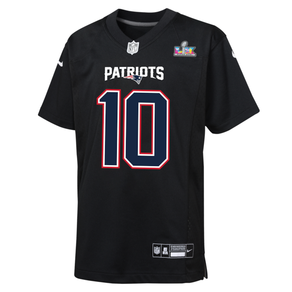 Youth New England Patriots Drake Maye Nike Black Super Bowl LX Patch Carbon Fashion Game Jersey - Image 2