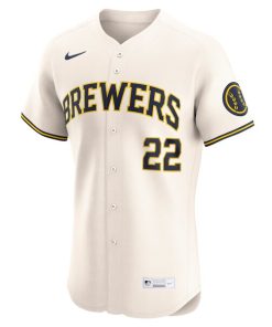 Alternative view of Christian Yelich Milwaukee Brewers Nike Home Elite Player Jersey - Cream