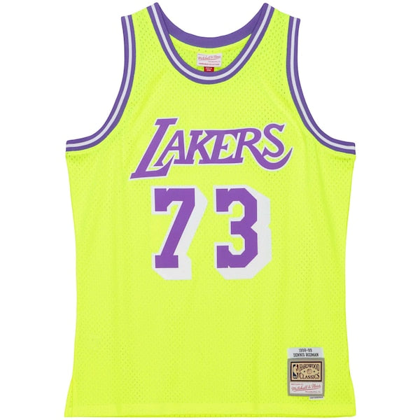 Dennis Rodman Los Angeles Lakers Hardwood Classics 1998/99 Tropical Swingman Jersey - Neon Yellow - Image 2