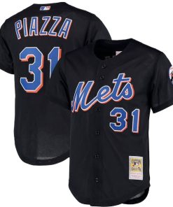 Mike Piazza New York Mets Big & Tall Cooperstown Collection Mesh Button-Up Jersey- Black