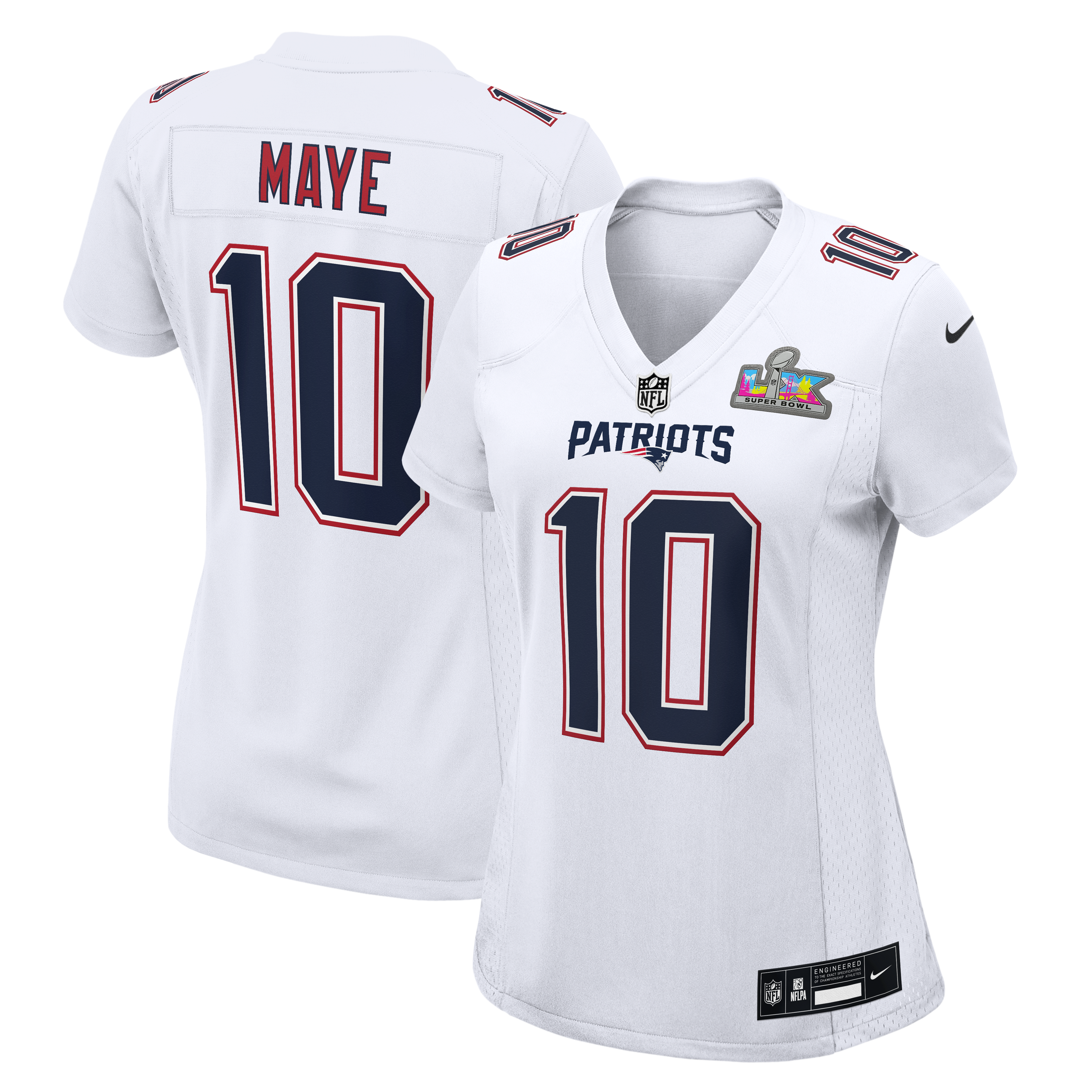 Women's New England Patriots Drake Maye Nike Super Bowl LX Patch Carbon Fashion Game Jersey - Black/Silver/White - Image 8