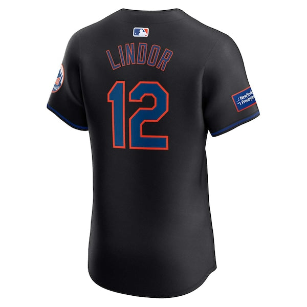 Francisco Lindor New York Mets Nike Alternate Elite Sponsor Patch Player Jersey - Black - Image 4