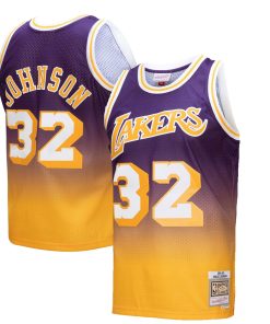 Alternative view of Magic Johnson Los Angeles Lakers 1984/85 Hardwood Classics Fadeaway Swingman Player Jersey - Gold/Purple