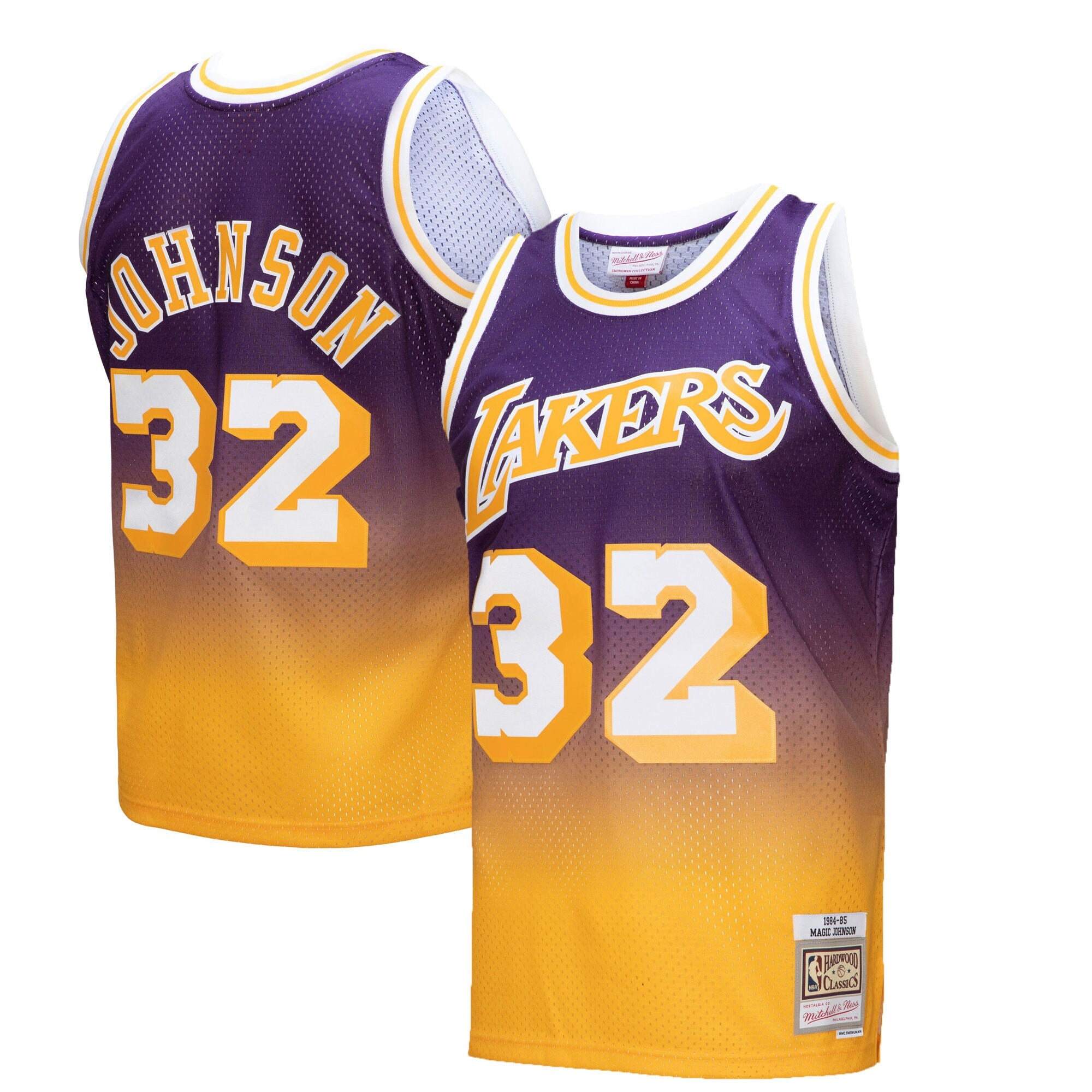 Magic Johnson Los Angeles Lakers 1984/85 Hardwood Classics Fadeaway Swingman Player Jersey - Purple/Black/Gold - Image 7