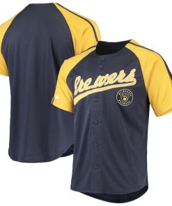 Milwaukee Brewers Stitches Button-Down Raglan Replica Jersey - Navy