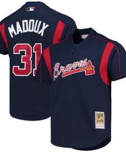 Alternative view of Greg Maddux Atlanta Braves Cooperstown Collection Mesh Batting Practice Button-Up Jersey - Navy