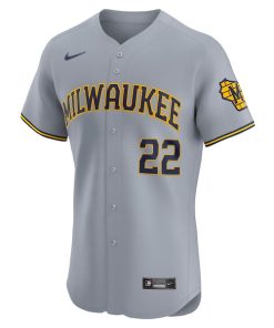 Alternative view of Christian Yelich Milwaukee Brewers Nike Road Elite Player Jersey - Gray