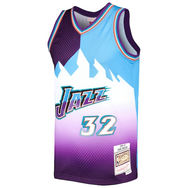 Karl Malone Utah Jazz Hardwood Classics 1996/97 Split Swingman Jersey - Purple/Turquoise - Image 2