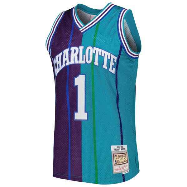 Muggsy Bogues Charlotte Hornets Hardwood Classics 1992/93 Split Swingman Jersey - Teal/Purple - Image 3