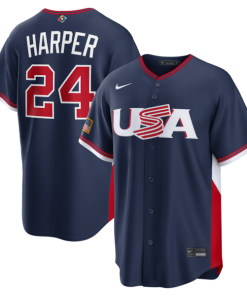 Men's USA Baseball Bryce Harper Nike 2026 World Baseball Classic Road Stadium Jersey - Navy/White
