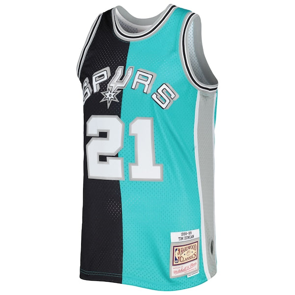 Tim Duncan San Antonio Spurs Hardwood Classics 1998/99 Split Swingman Jersey - Black/Teal - Image 2