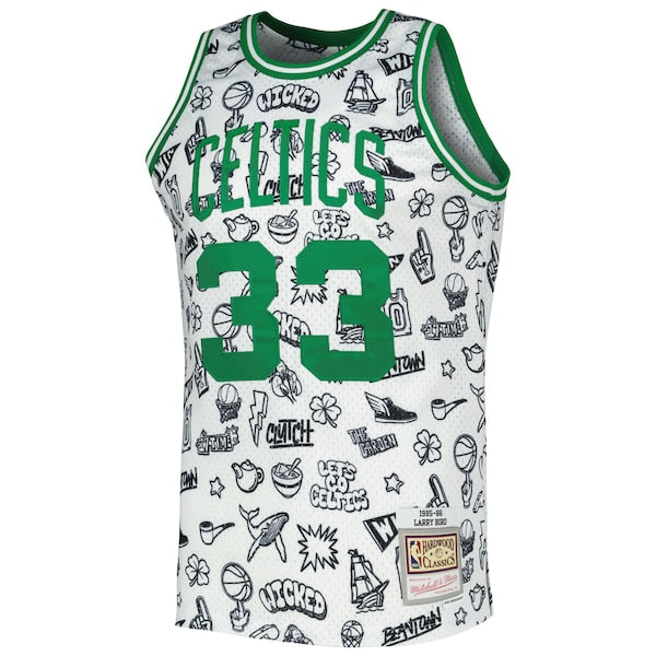 Larry Bird Boston Celtics 1985/86 Hardwood Classics Doodle Swingman Jersey - White - Image 2
