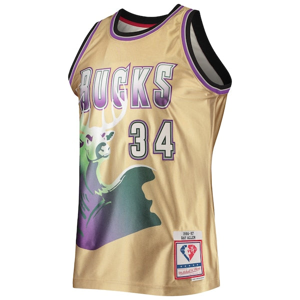 Ray Allen Milwaukee Bucks 75th Anniversary 1996/97 Hardwood Classics Swingman Jersey - Gold - Image 2