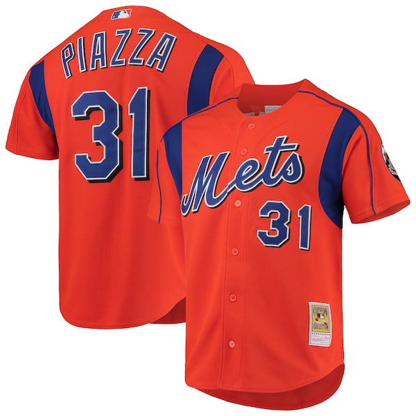Mike Piazza New York Mets Cooperstown Collection Mesh Batting Practice Button-Up Jersey - Orange/Black/Royal - Image 2