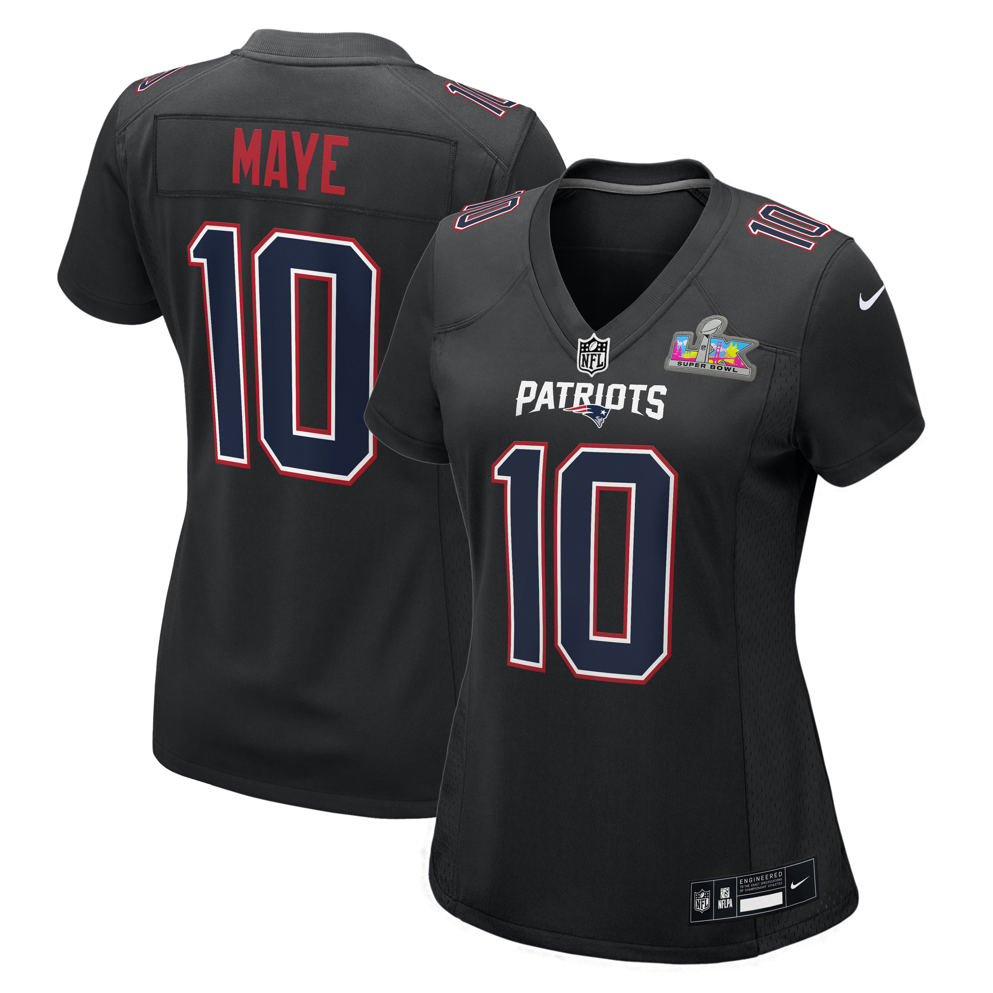 Women's New England Patriots Drake Maye Nike Super Bowl LX Patch Tundra Fashion Game Jersey - White/Black/Silver - Image 5