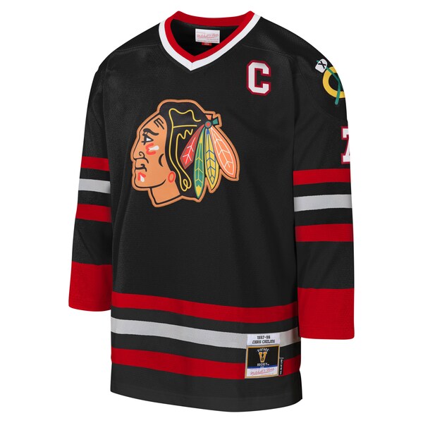 Chris Chelios Chicago Blackhawks Youth 1997-98 Blue Line Captain Patch Player Jersey - Black - Image 2