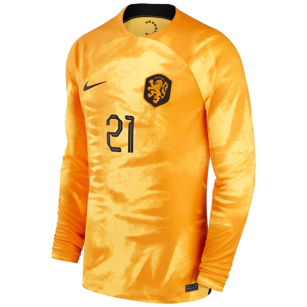 Frenkie de Jong Netherlands National Team Nike 2022/23 Home Breathe Stadium Replica Player Long Sleeve Jersey - Orange - Image 2