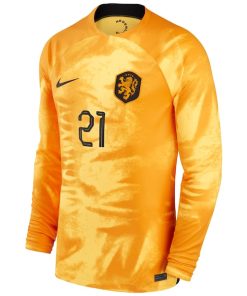 Alternative view of Frenkie de Jong Netherlands National Team Nike Youth 2022/23 Home Breathe Stadium Replica Player Long Sleeve Jersey - Orange
