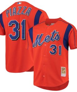 Mike Piazza New York Mets Cooperstown Collection Mesh Batting Practice Button-Up Jersey - Orange/Black/Royal