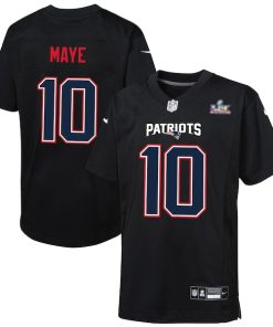 Youth New England Patriots Drake Maye Nike Black Super Bowl LX Patch Carbon Fashion Game Jersey