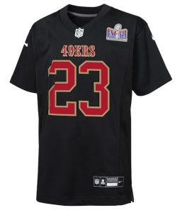 Alternative view of Christian McCaffrey San Francisco 49ers Nike Youth Super Bowl LVIII Patch Carbon Fashion Game Jersey - Black