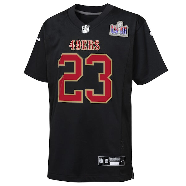 Christian McCaffrey San Francisco 49ers Nike Youth Super Bowl LVIII Patch Carbon Fashion Game Jersey - Black - Image 2