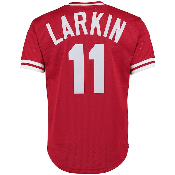 Barry Larkin Cincinnati Reds Cooperstown Collection Mesh Batting Practice Button-Up Jersey - Red - Image 3