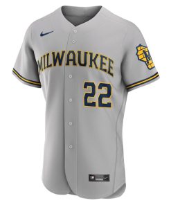 Alternative view of Christian Yelich Milwaukee Brewers Nike Road Authentic Player Logo Jersey - Gray