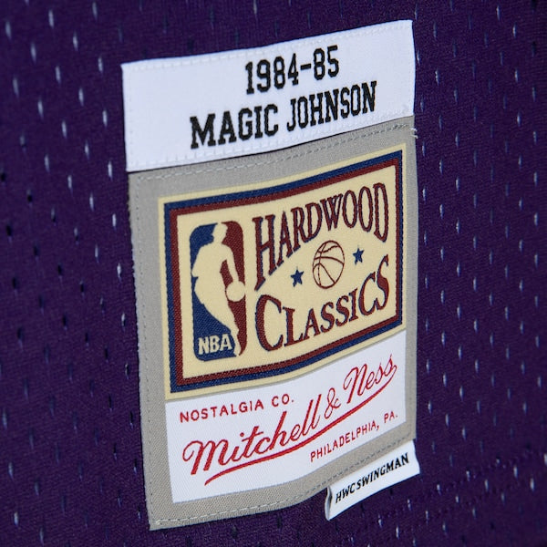 Magic Johnson Los Angeles Lakers 1984/85 Hardwood Classics Fadeaway Swingman Player Jersey - Purple/Black/Gold - Image 6
