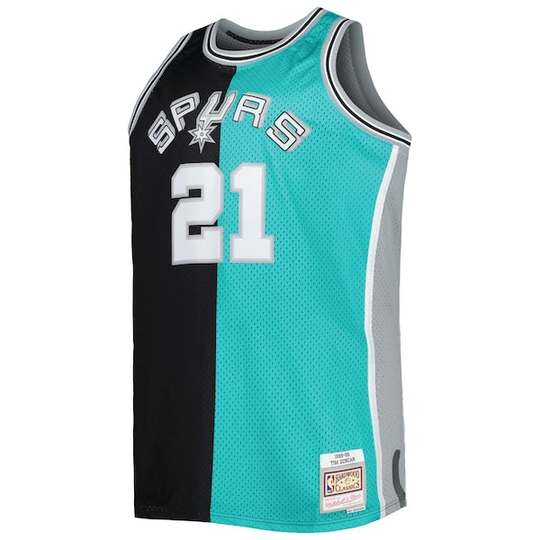 Tim Duncan San Antonio Spurs Big & Tall Hardwood Classics 1998/99 Split Swingman Jersey - Black/Teal - Image 2