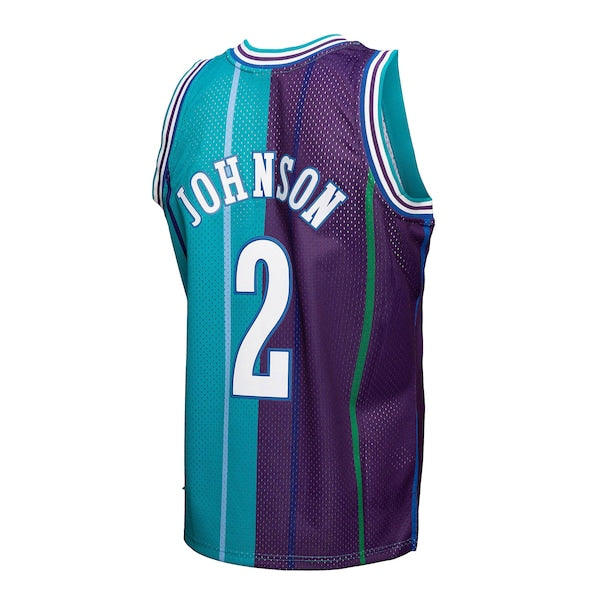 Larry Johnson Charlotte Hornets Hardwood Classics Split Swingman Jersey - Teal/Purple - Image 3